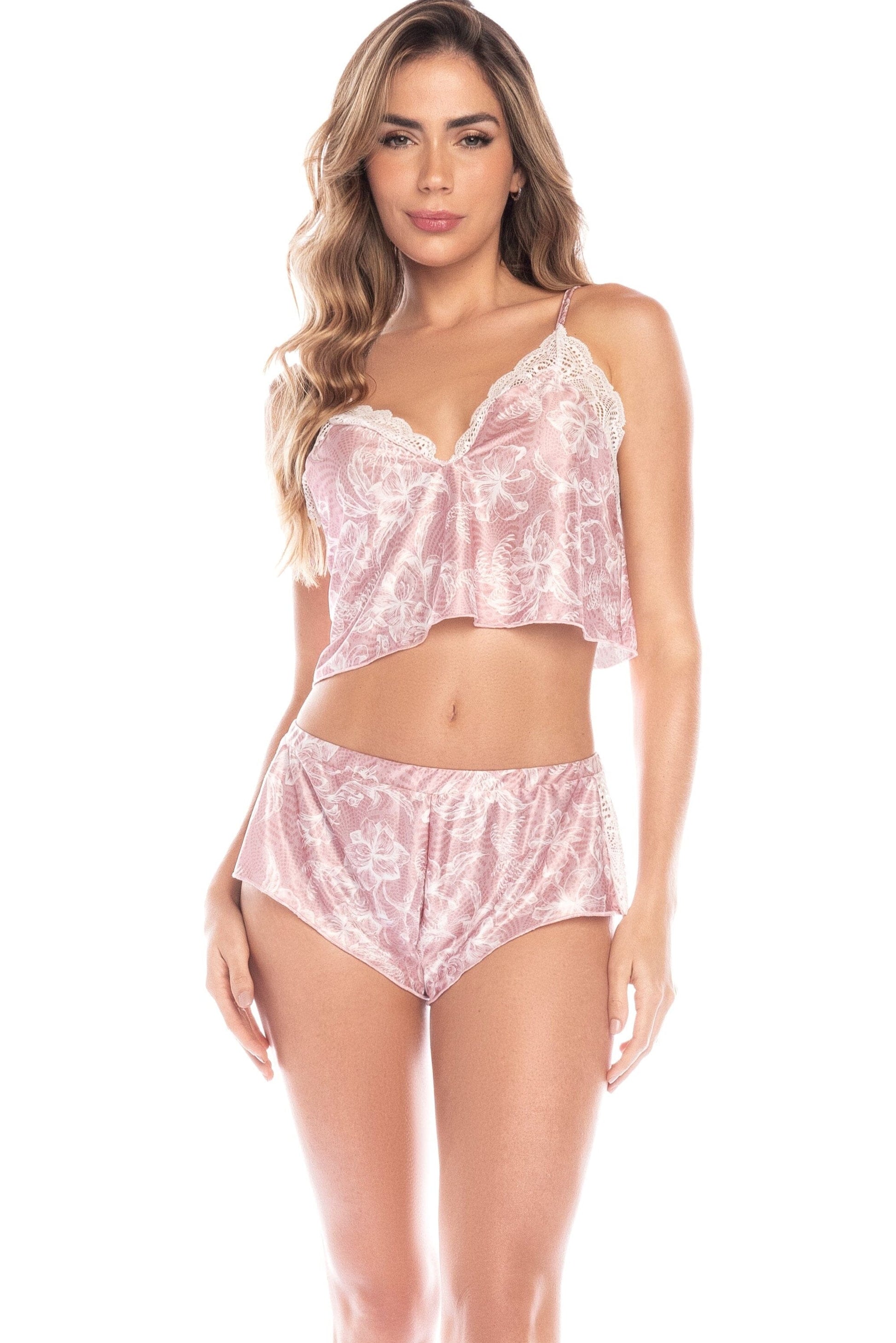 Floral Pajama Set With Lace Details