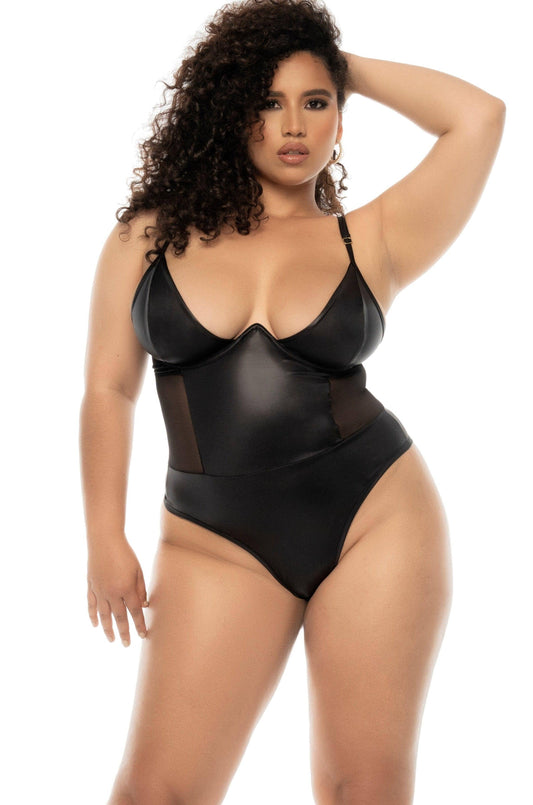  Leather-Effect Fabric With Transparent Tulle Bodysuit | Plus Size