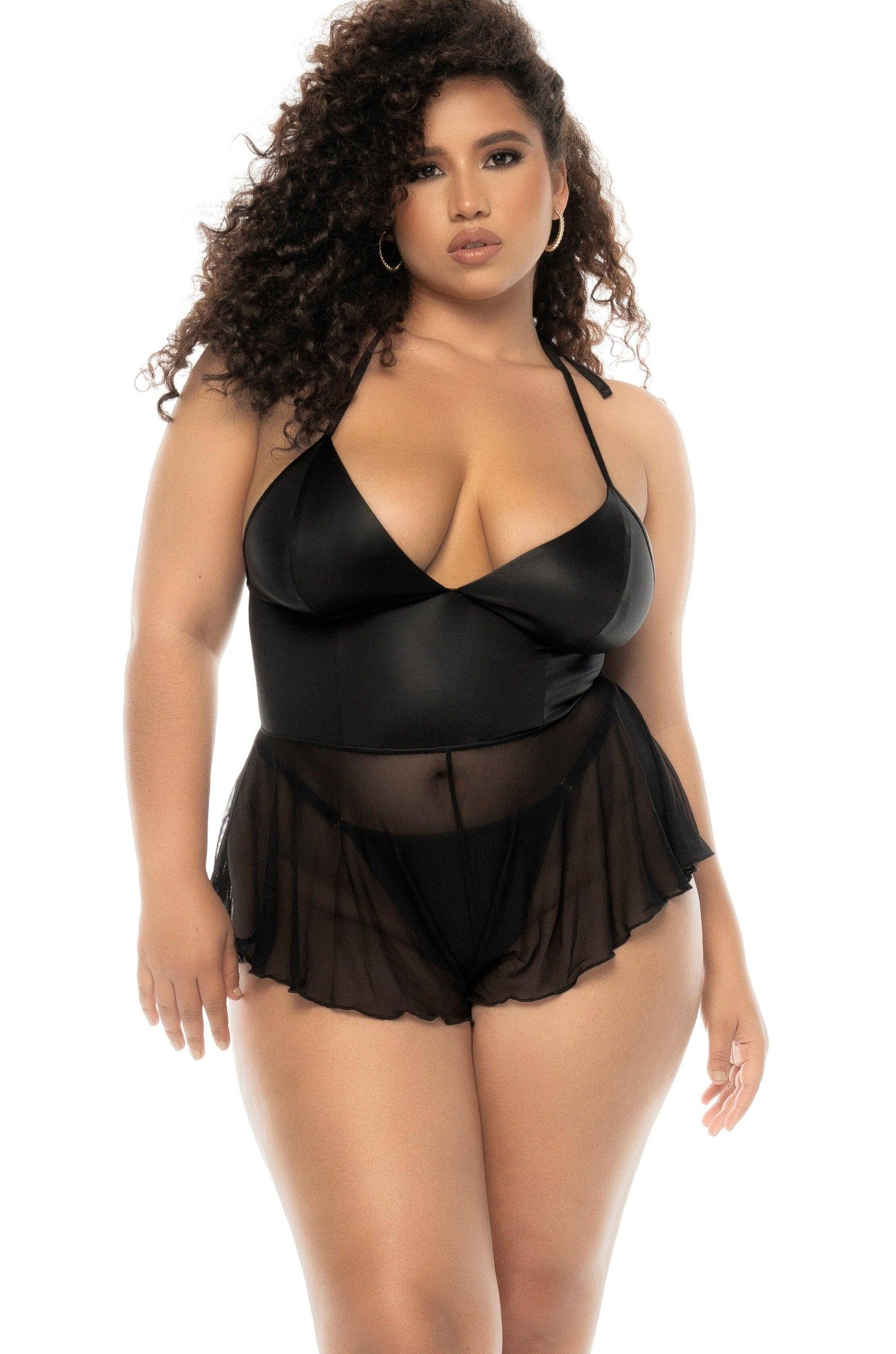  Wet-Look Romper With Halter Neck-Tie | Plus Size