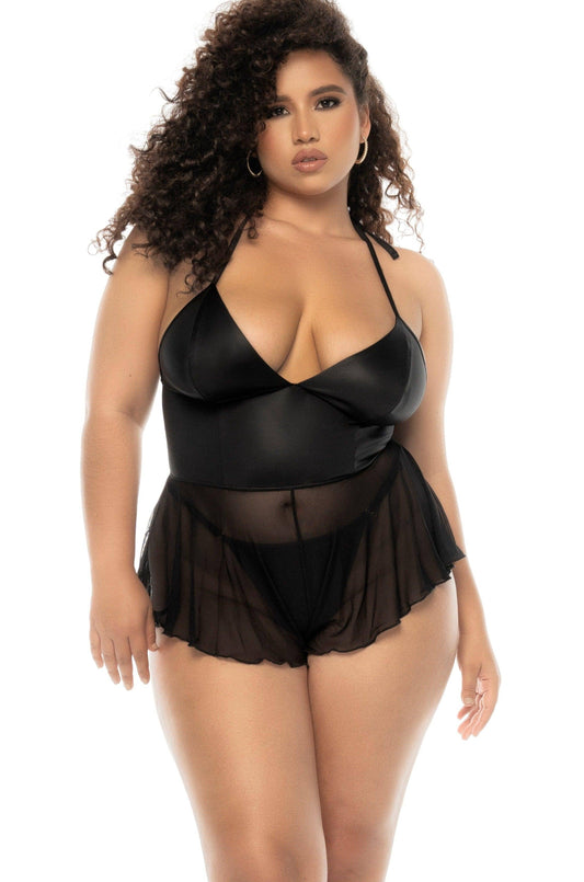  Wet-Look Romper With Halter Neck-Tie | Plus Size